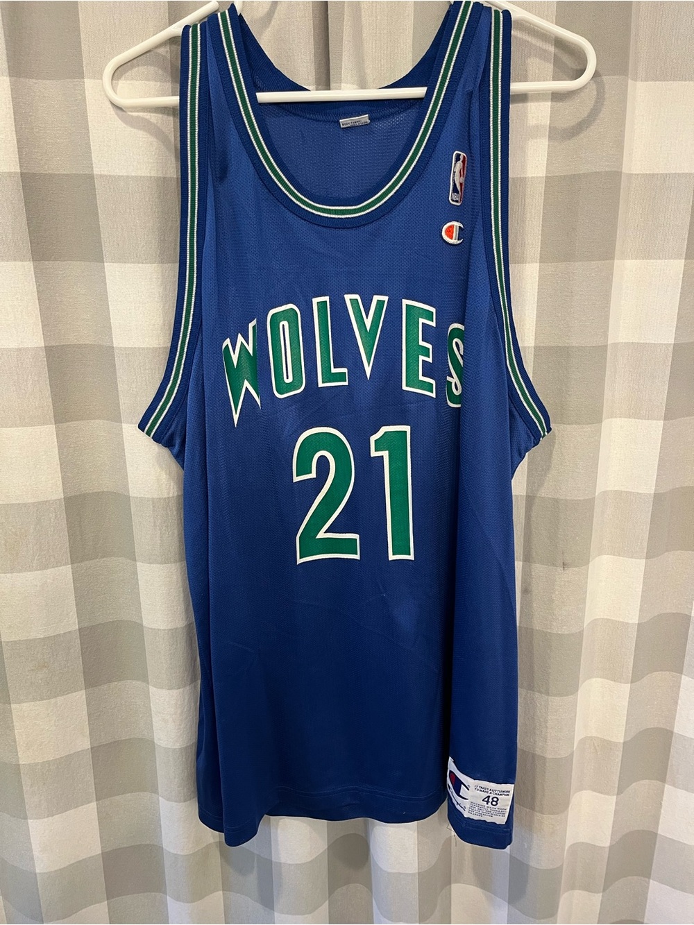 Kevin Garnett Champion Blue Wolves #21 Jersey with Green Trim
